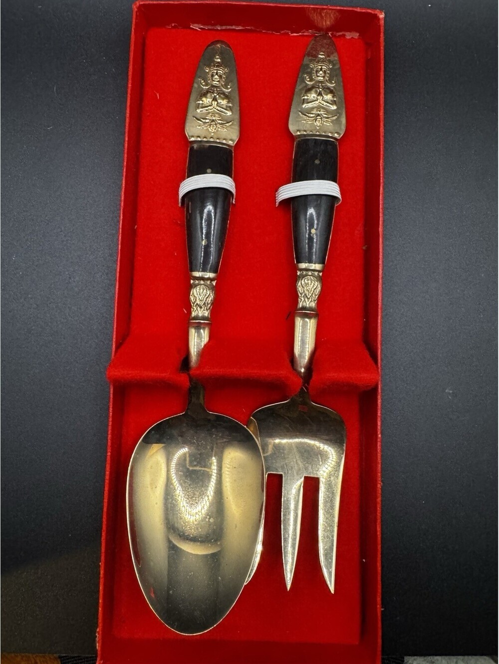Vintage S. Samoan Thailand Co Ltd Serving Spoon And Fork Brass And Teak Wood